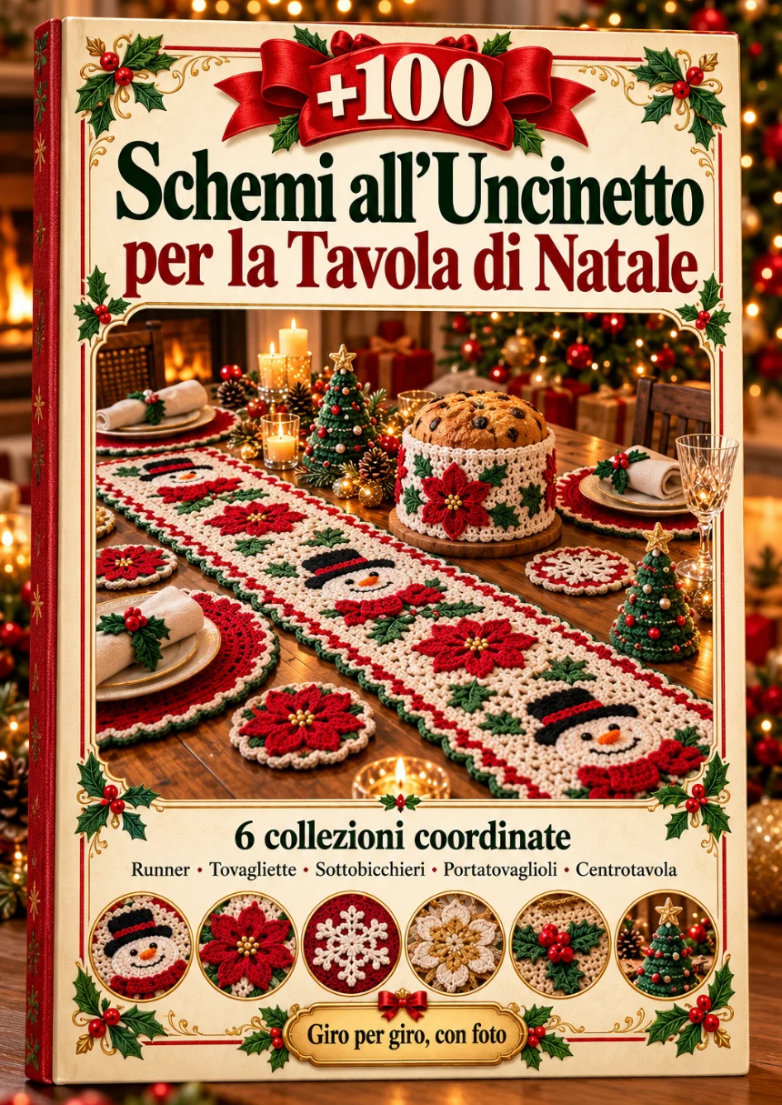 Copertina +100 schemi all'uncinetto per la tavola di Natale